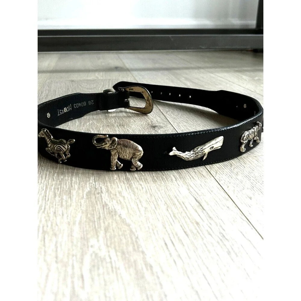Honest Black Leather Concho Belt 28 Animals Elephant Turtle Whale Solid Brass